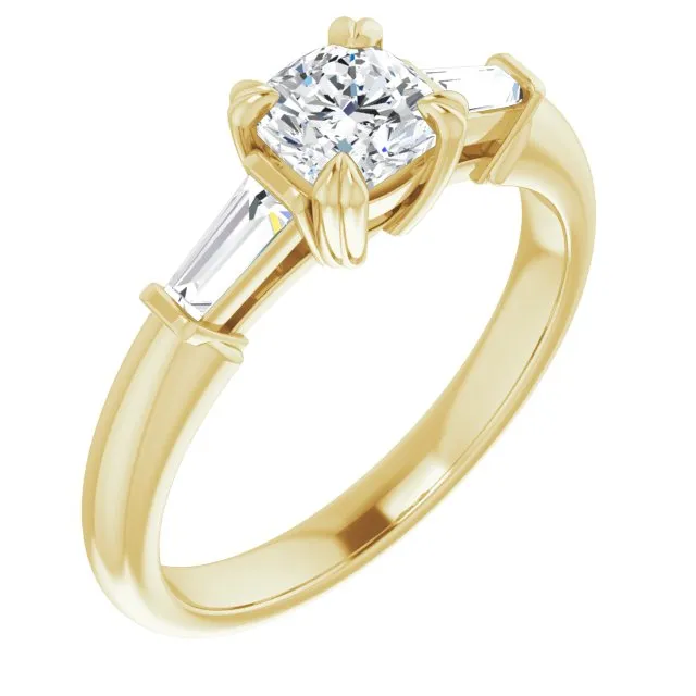 Cubic Zirconia Engagement Ring- The Betyhelena (Customizable 3-stone Cushion Cut Design with Tapered Baguettes)