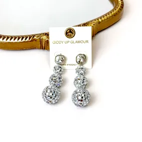 Cushion Crystal Post Disco Ball Dangle Earrings in Silver Tone