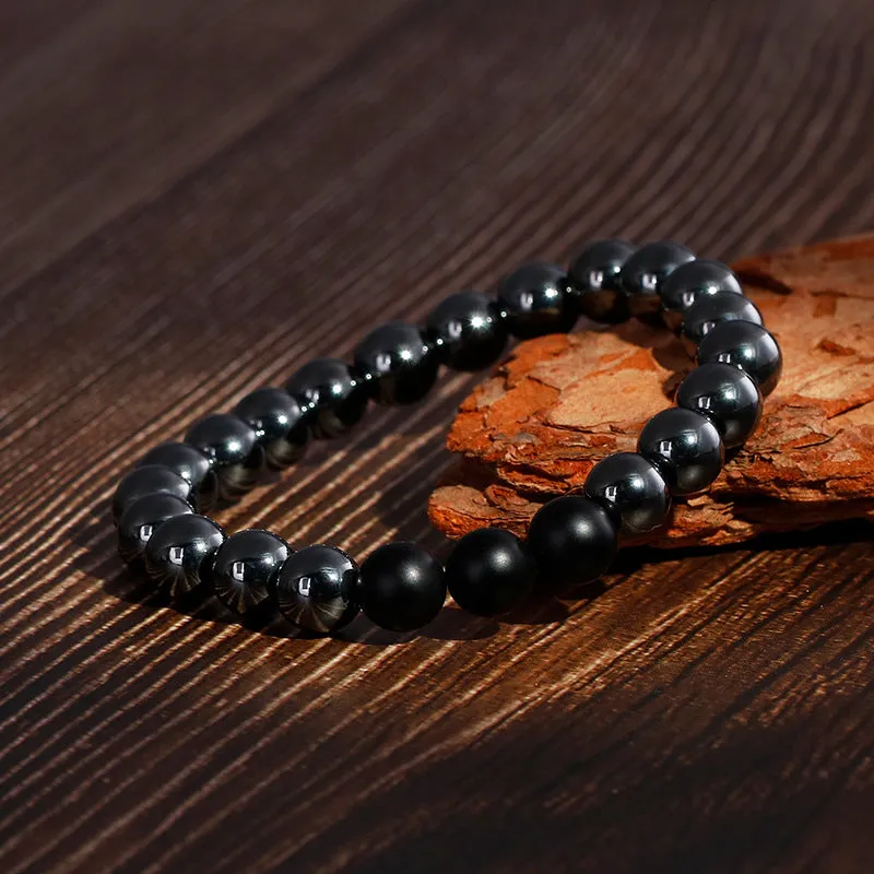 Customized Men's Bracelet with Matte Black Agate and Gray Iron Stone Buddha Beads on Beef Tendon Rope