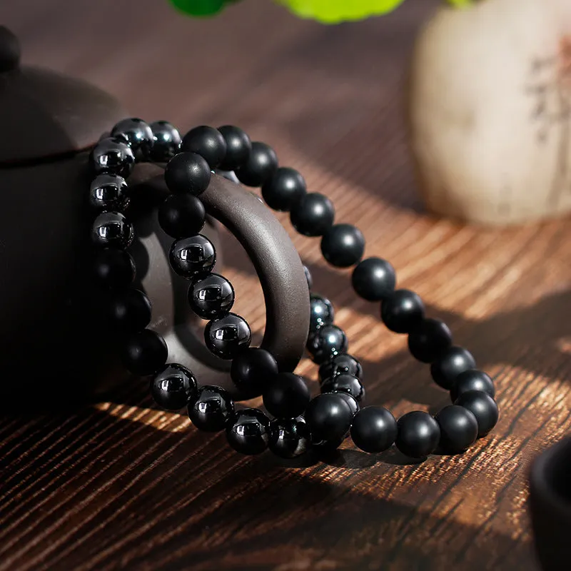 Customized Men's Bracelet with Matte Black Agate and Gray Iron Stone Buddha Beads on Beef Tendon Rope