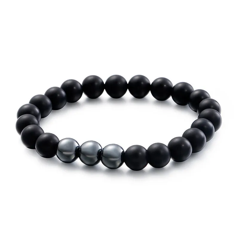 Customized Men's Bracelet with Matte Black Agate and Gray Iron Stone Buddha Beads on Beef Tendon Rope