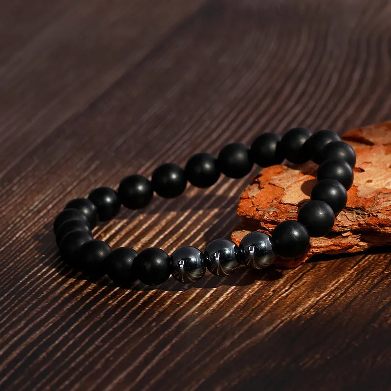 Customized Men's Bracelet with Matte Black Agate and Gray Iron Stone Buddha Beads on Beef Tendon Rope