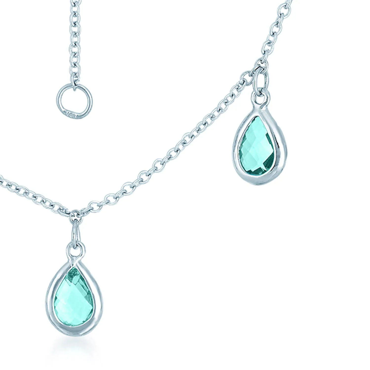 CZ Sterling Silver Rhodium Plated Aqua Pear Shape Drop Last Pair Necklace