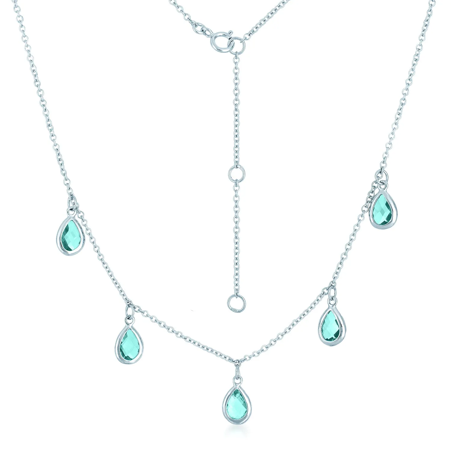 CZ Sterling Silver Rhodium Plated Aqua Pear Shape Drop Last Pair Necklace