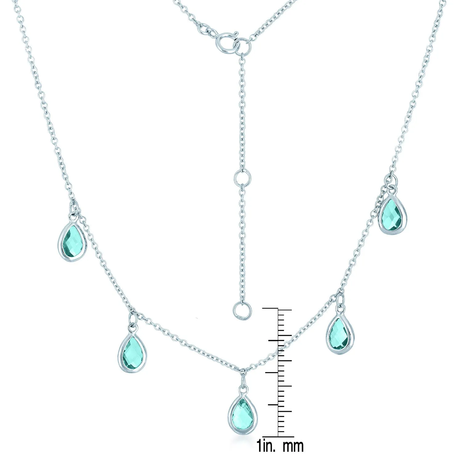 CZ Sterling Silver Rhodium Plated Aqua Pear Shape Drop Last Pair Necklace