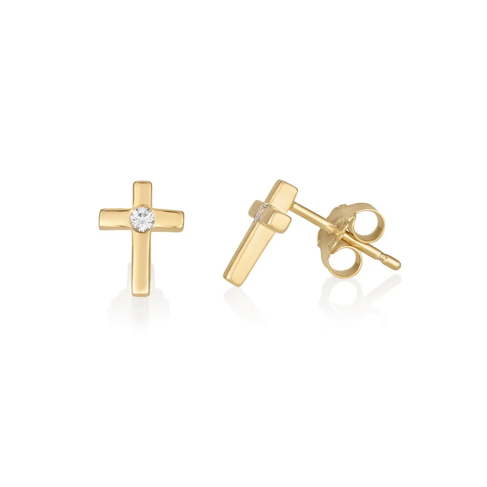 Earrings - Cross 14k Gold Plated with White Zirconia Gemstone Center