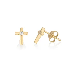 Earrings - Cross 14k Gold Plated with White Zirconia Gemstone Center