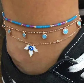 Emotional Rice Beads Leaf Eye Anklet 3-Piece Set