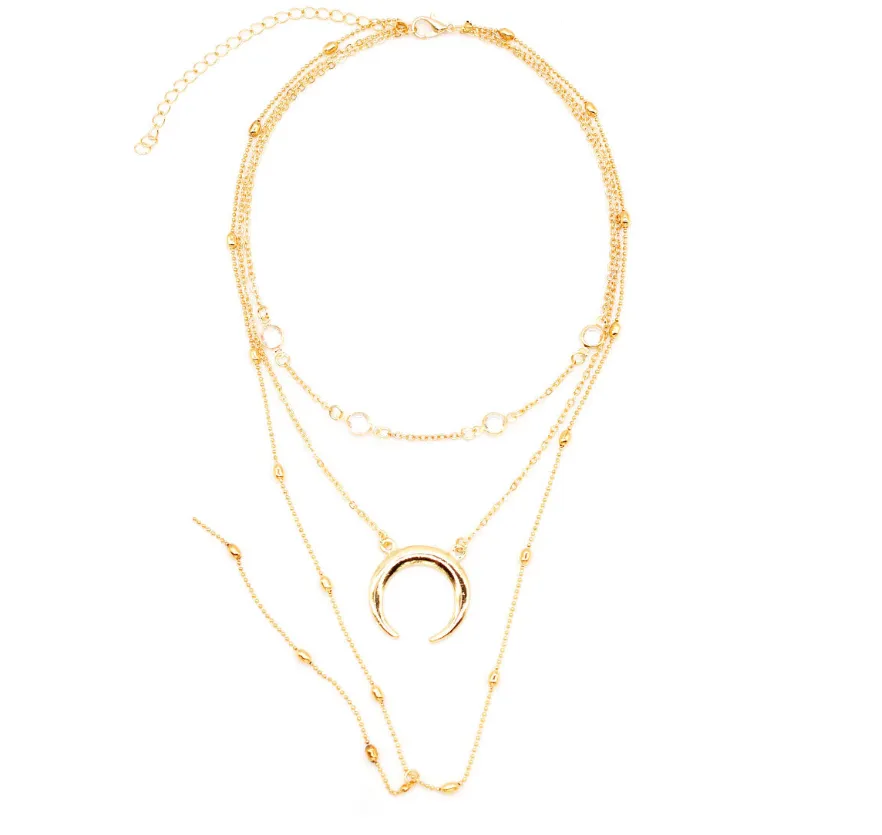 Fashion Multilayer Crescent Moon Choker Necklace and pendant With Bead Chain