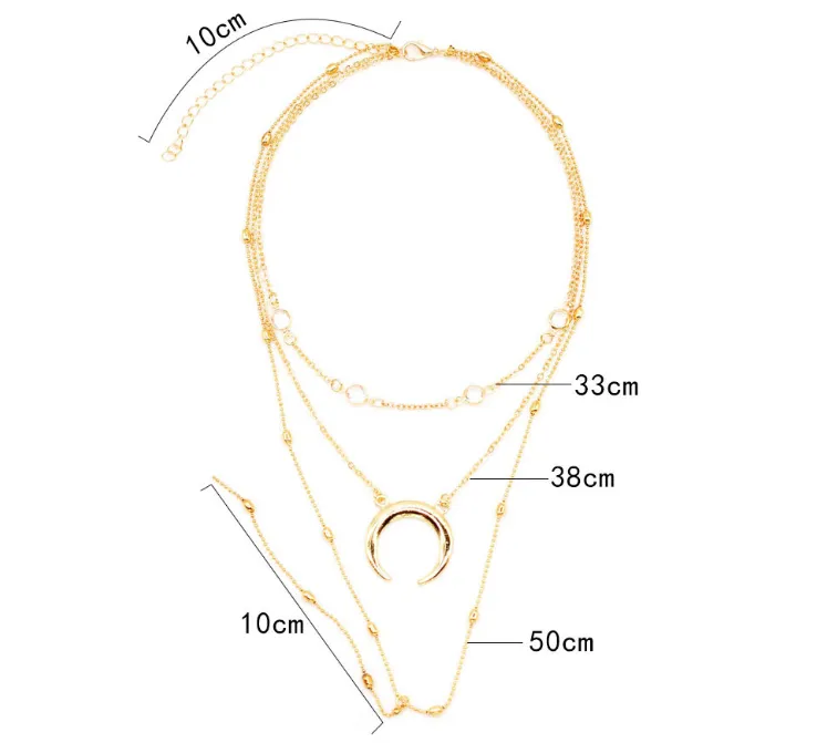 Fashion Multilayer Crescent Moon Choker Necklace and pendant With Bead Chain