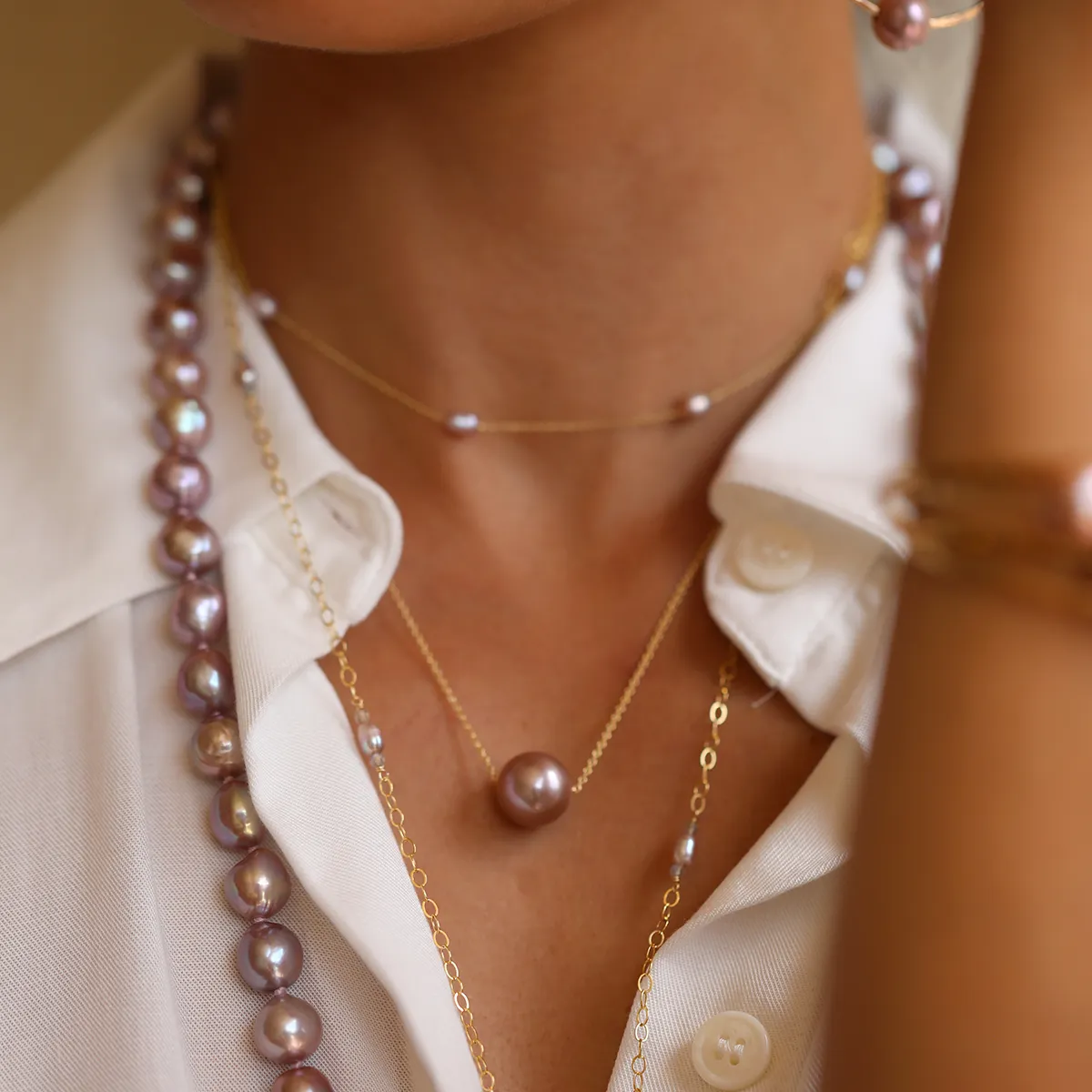 Floating Pink Pearl Necklace 14kt Gold