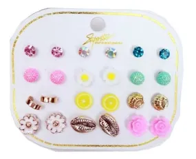 Flower and Beach Pierced Stud Theme Earrings Set - 12-Pair, for Little Girl Aged 3 