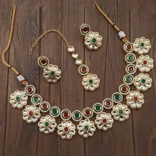 Flower Motif Kundan Ad Necklace Set