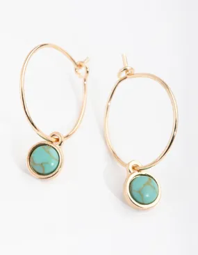 Gold Circle Stone Drop Hoop Earrings