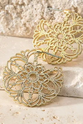 Gold Filigree Flower Hoop Earrings