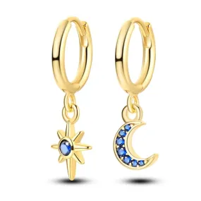 Gold Hoop Earrings with Blue Zirconia Star & Moon Charms