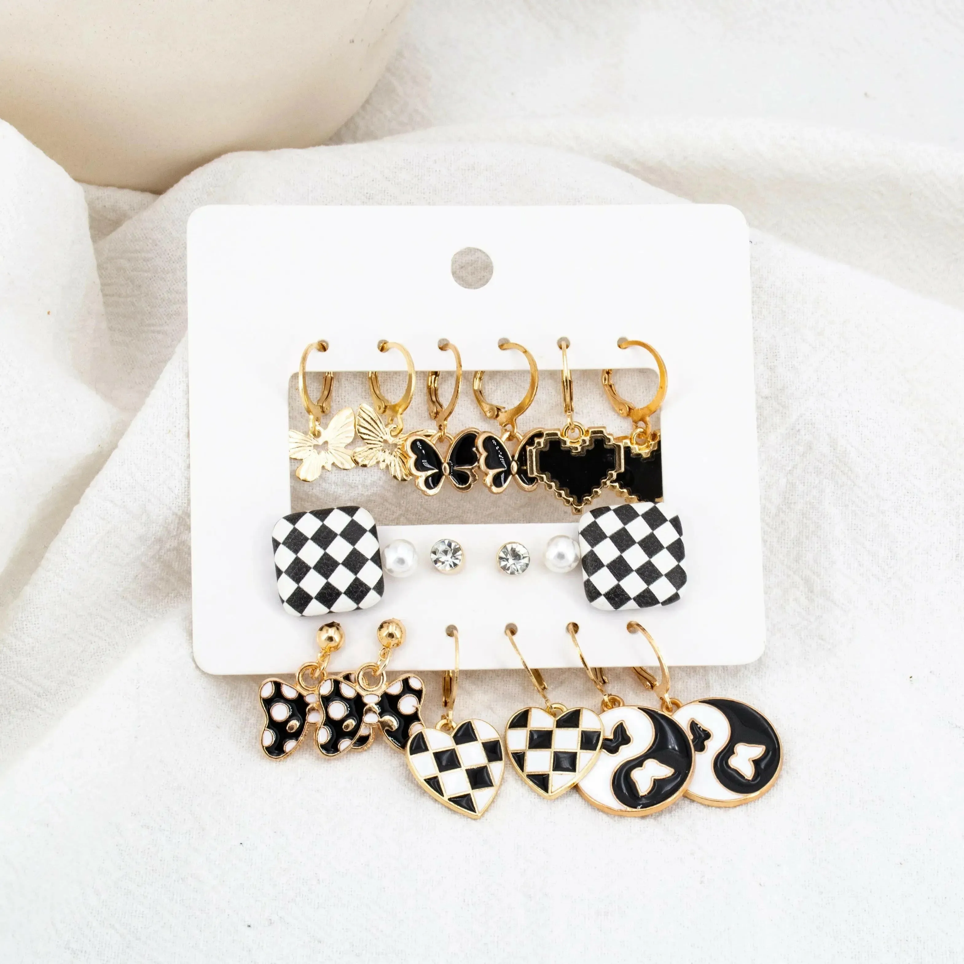 Gold Plated 9Pairs Checkered Pattern Heart Korean Earrings Set For Women & Girls Alloy Earring Set - Pair Of 9