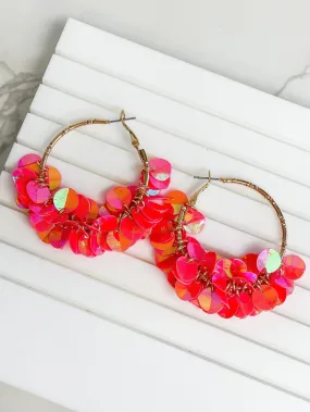 Gold Sequin Hoop Earrings - Bright Pink