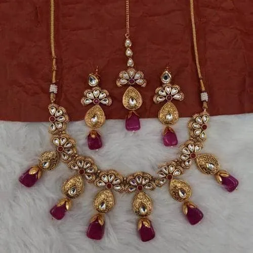 Half Flower Antique Drop Necklace Earring And Teeka Set