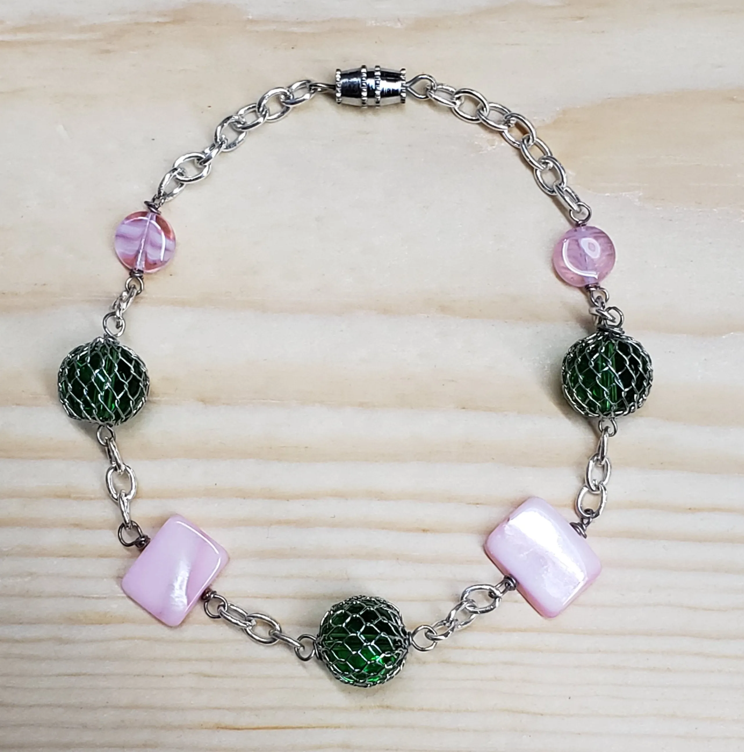 Hand Crafted Green & Purple Czech Glass & Non Tarnish Silver Tone Chain 8.5" Anklet with Screw Clasp