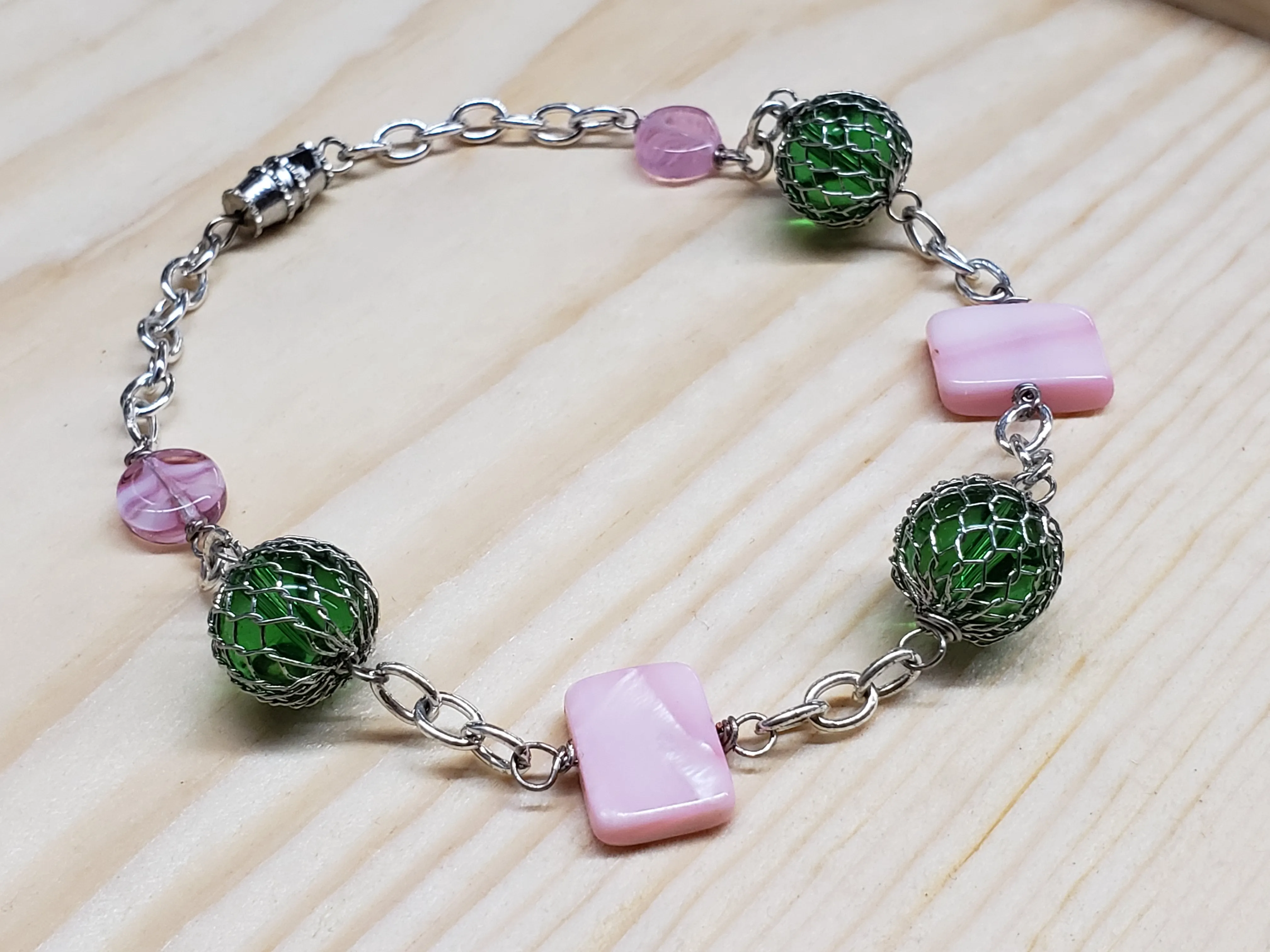 Hand Crafted Green & Purple Czech Glass & Non Tarnish Silver Tone Chain 8.5" Anklet with Screw Clasp