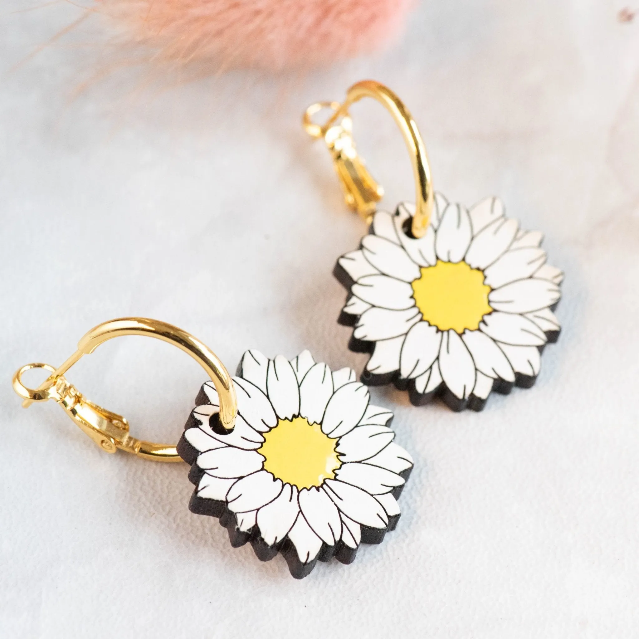 Hand-Painted Cherry Wood Daisy Hoop Earrings - PEO14071