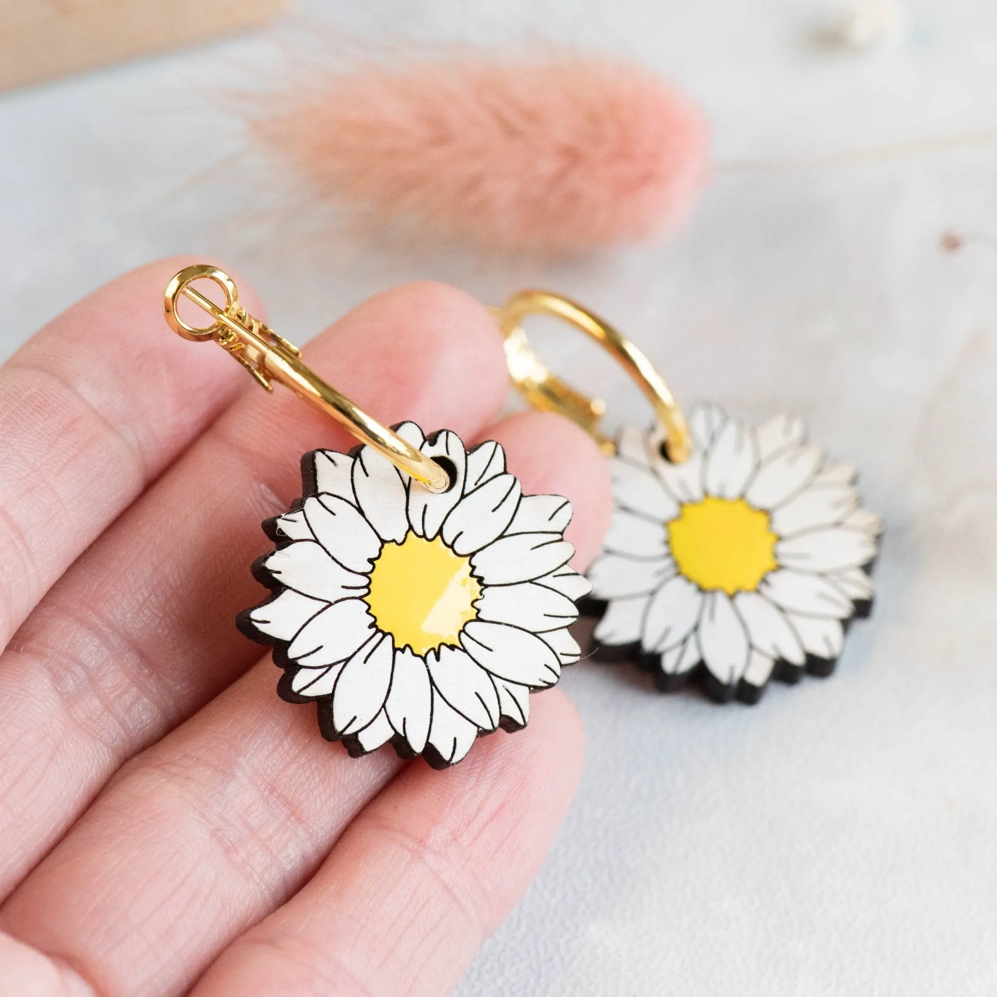 Hand-Painted Cherry Wood Daisy Hoop Earrings - PEO14071