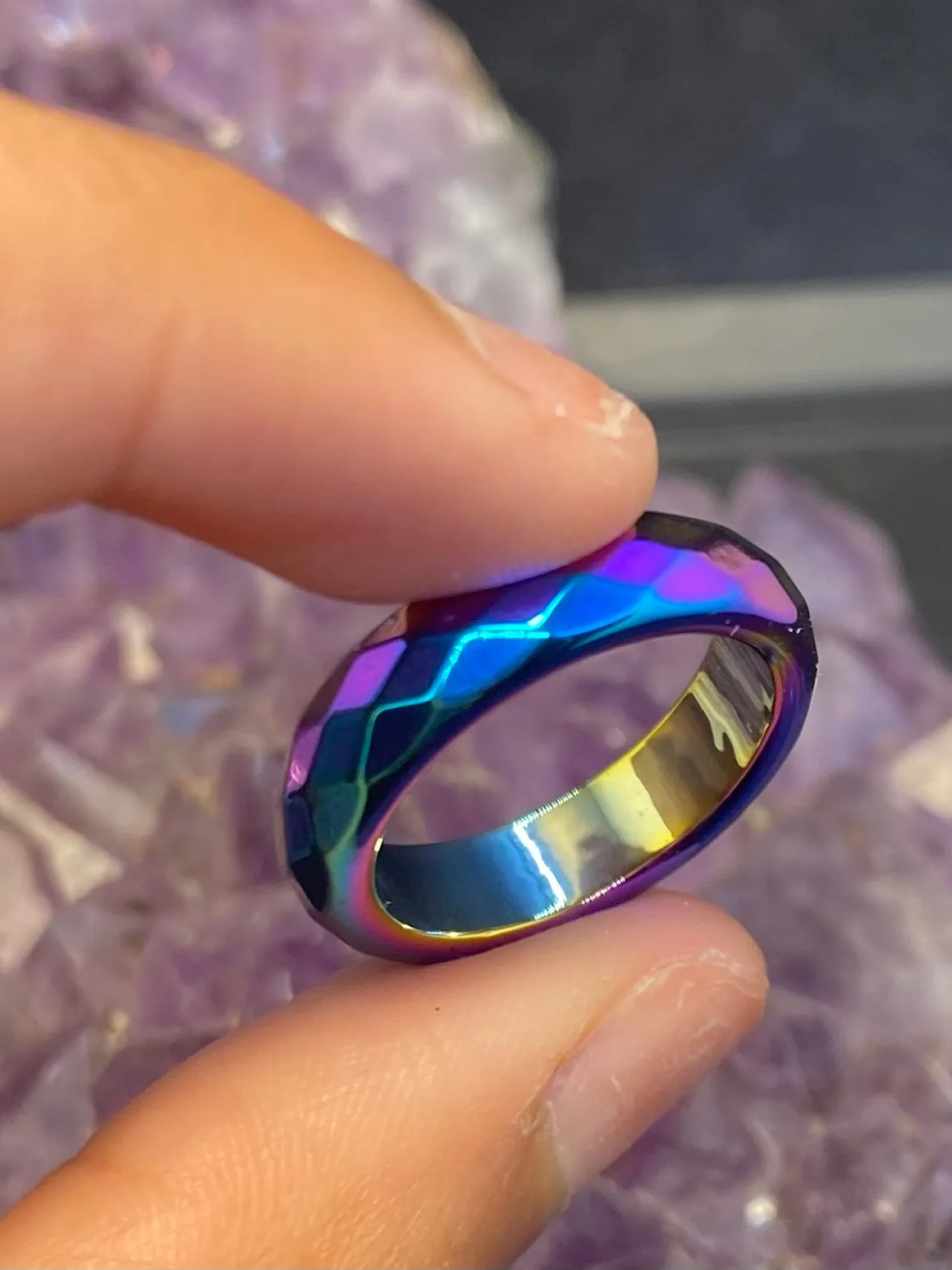 Hematite Rainbow Faceted Band Ring