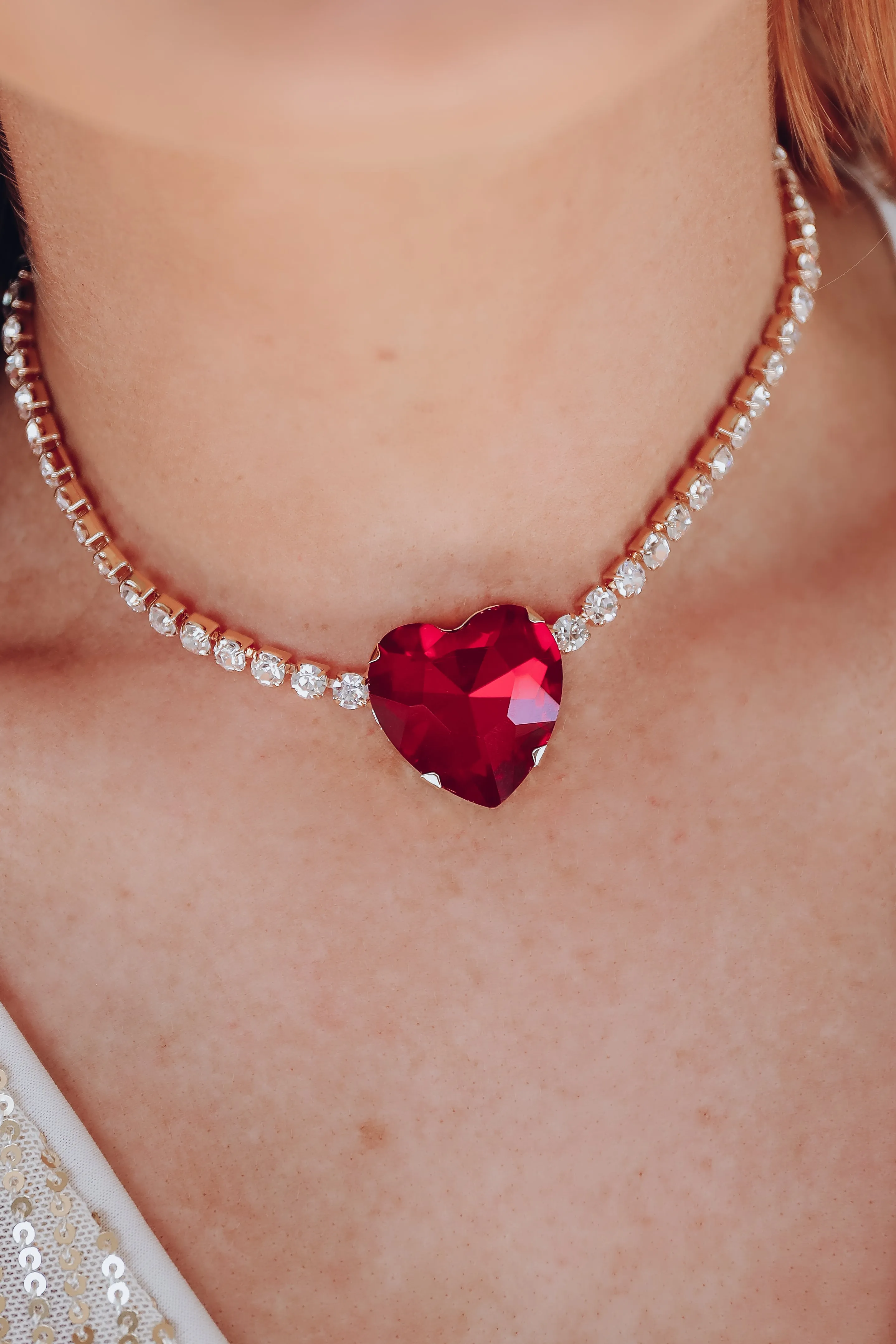 Jeweled Heart Rhinestone Choker - Red