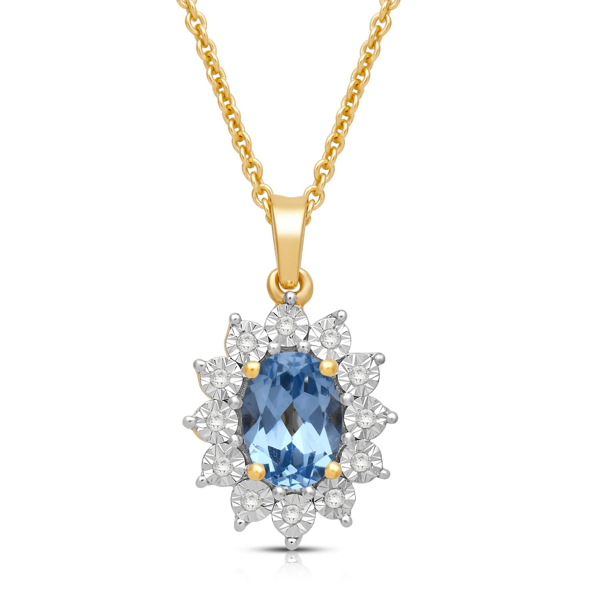 Jewelili 18K Yellow Gold over Sterling Silver 7x5 MM Oval Genuine Swiss Blue Topaz and 1/20 Cttw Natural White Round Diamond Pendant Necklace