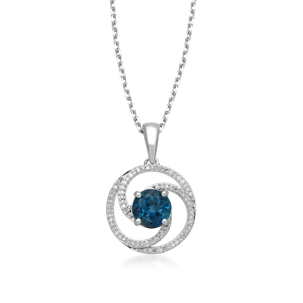 Jewelili Sterling Silver Diamonds and London Blue Topaz Pendant Necklace