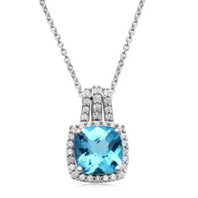 Jewelili Sterling Silver with Checker Board Cushion Swiss Blue Topaz and Round Created White Sapphire Pendant Necklace