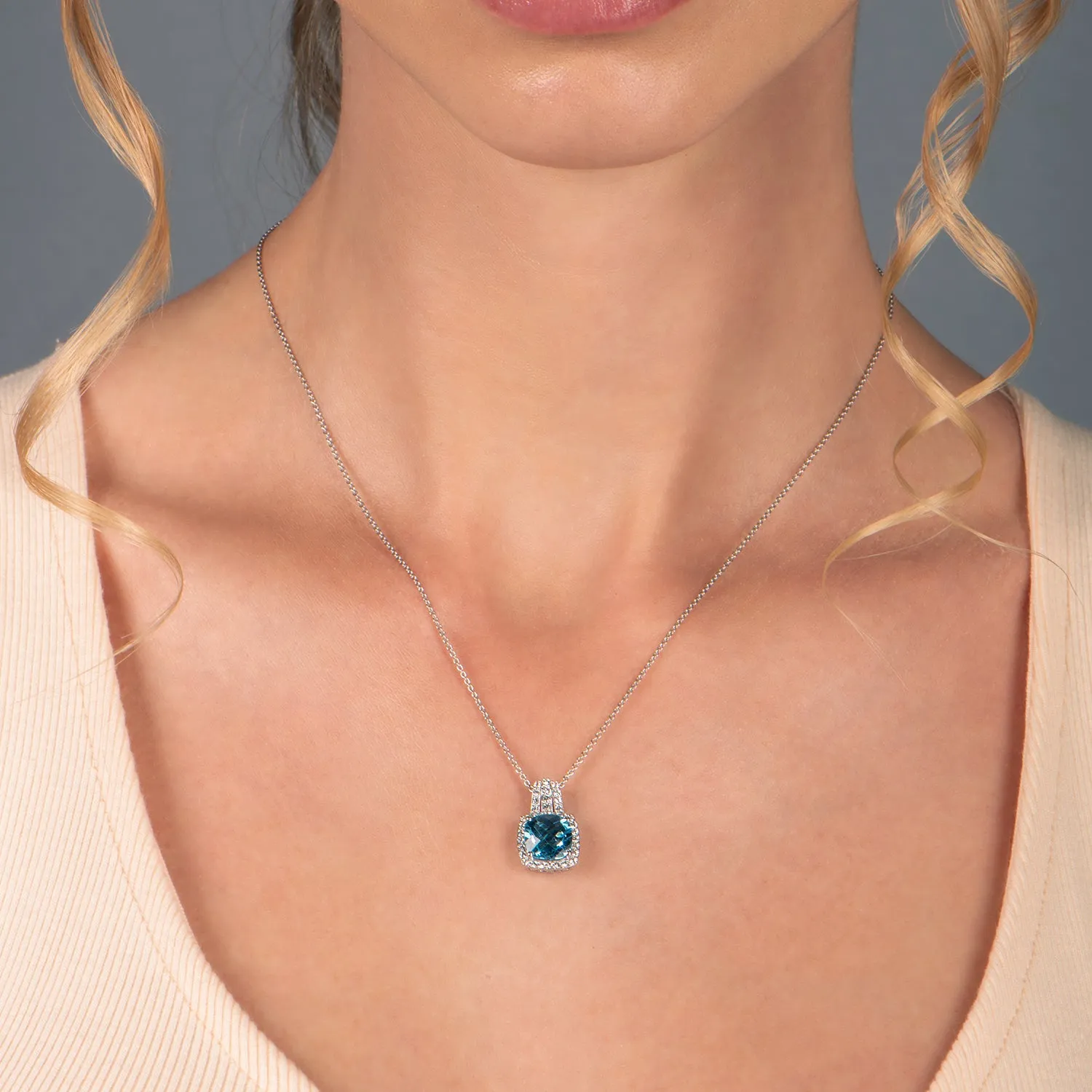 Jewelili Sterling Silver with Checker Board Cushion Swiss Blue Topaz and Round Created White Sapphire Pendant Necklace