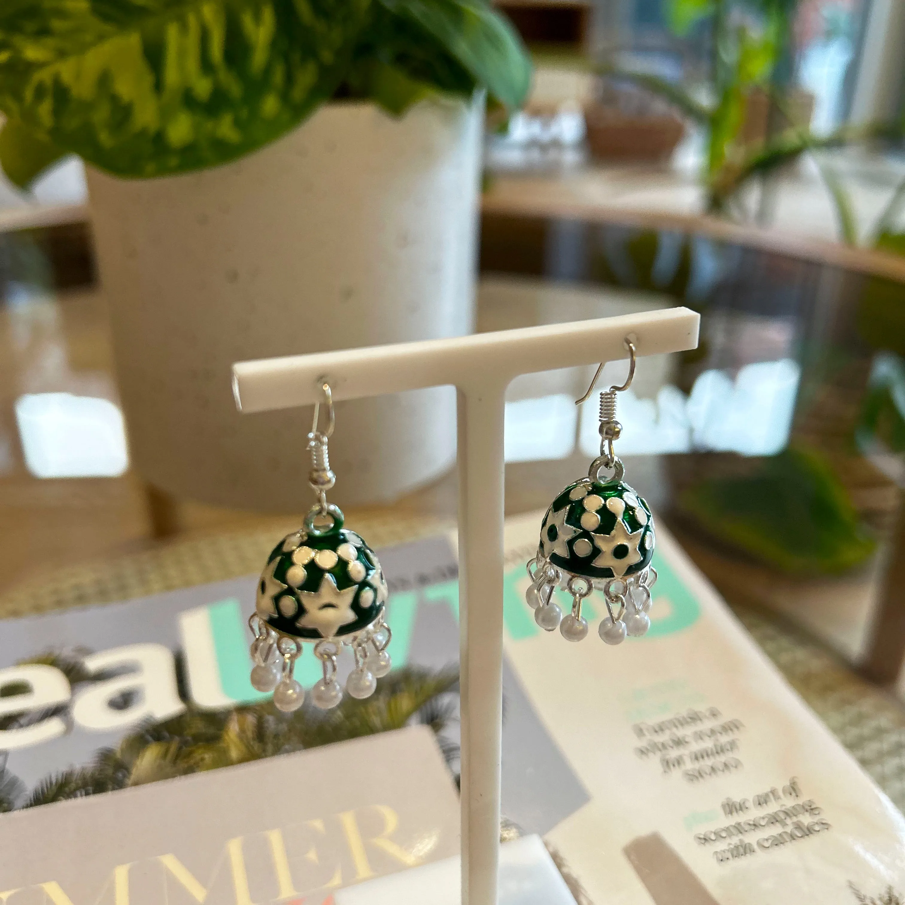 Jhumka Mini Green Earrings Silver