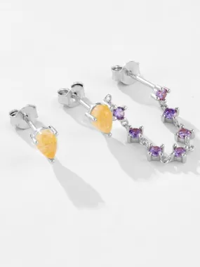 KESLEY Pear Shape Mismatch Earrings with Purple Cubic Zirconia Three Piece Set Women's Fine Jewelry