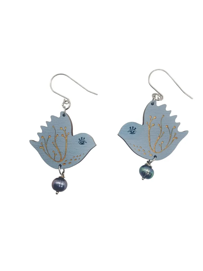 Large Blue Bird Dangling Earrings, Lightweight Wooden earrings, Jewelry for Artistic People