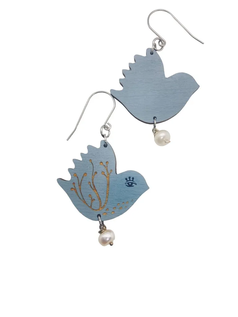 Large Blue Bird Dangling Earrings, Lightweight Wooden earrings, Jewelry for Artistic People