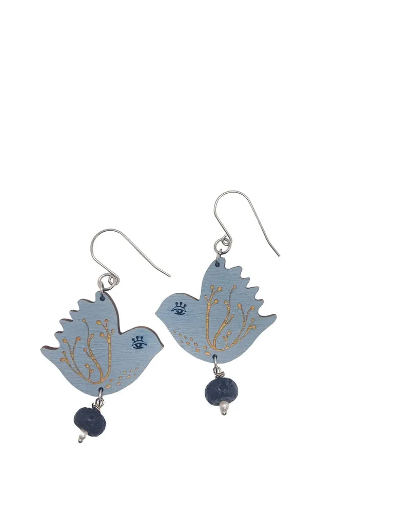 Large Blue Bird Dangling Earrings, Lightweight Wooden earrings, Jewelry for Artistic People