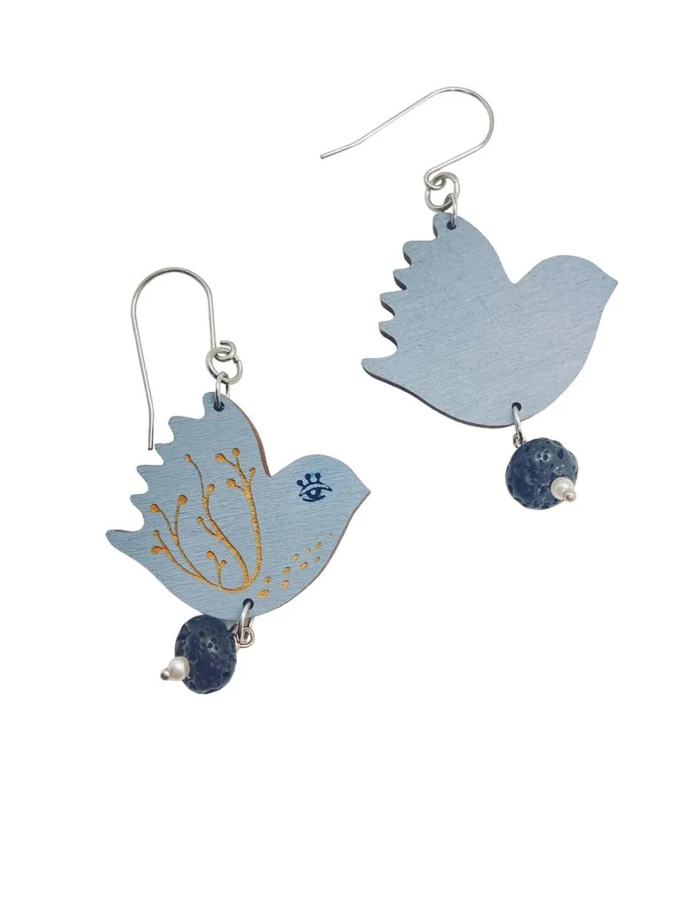 Large Blue Bird Dangling Earrings, Lightweight Wooden earrings, Jewelry for Artistic People