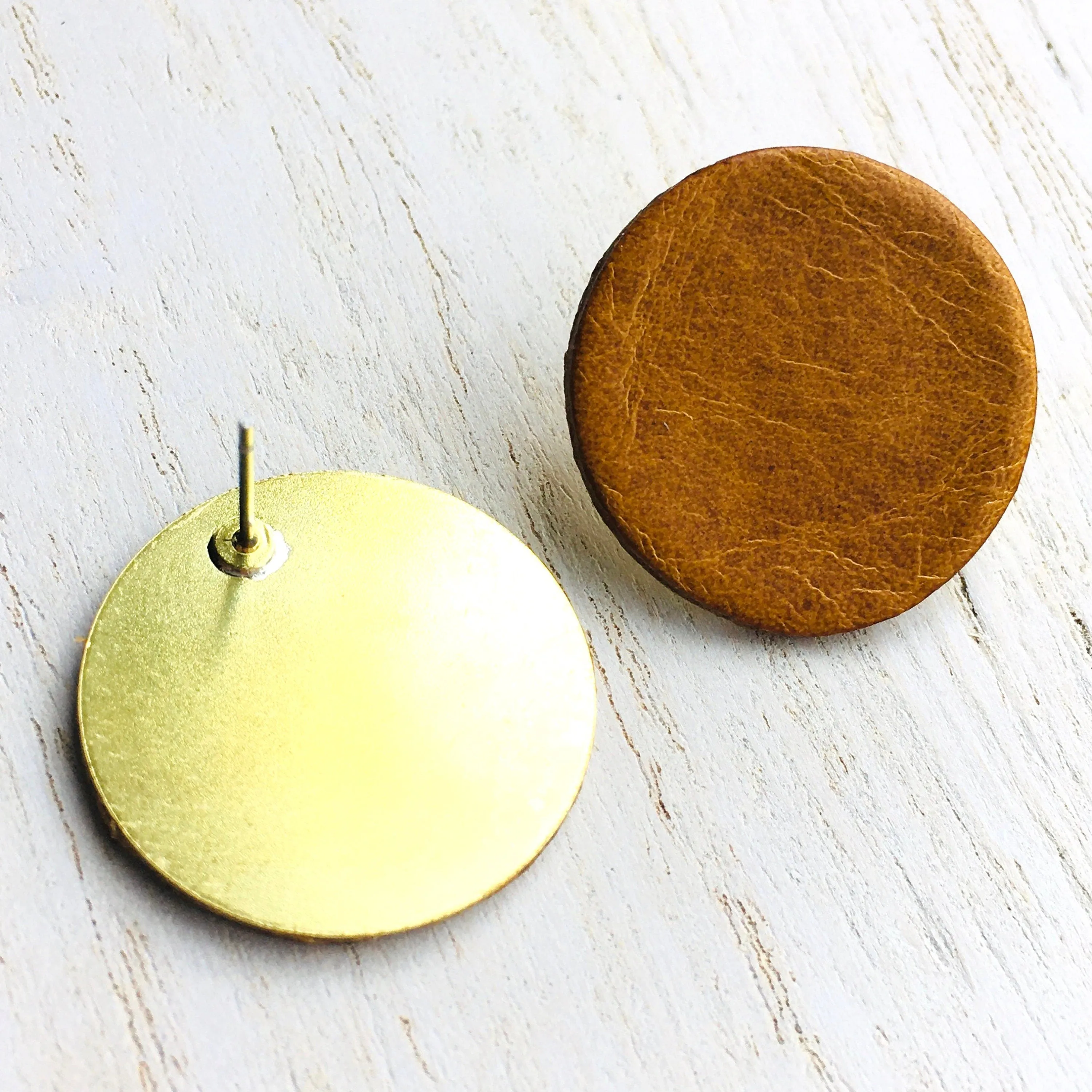 Large Circle Post Earring - Leather And Brushed Brass - Modern and Edgy With a Hint of Boho Style - Available in 40 Colors