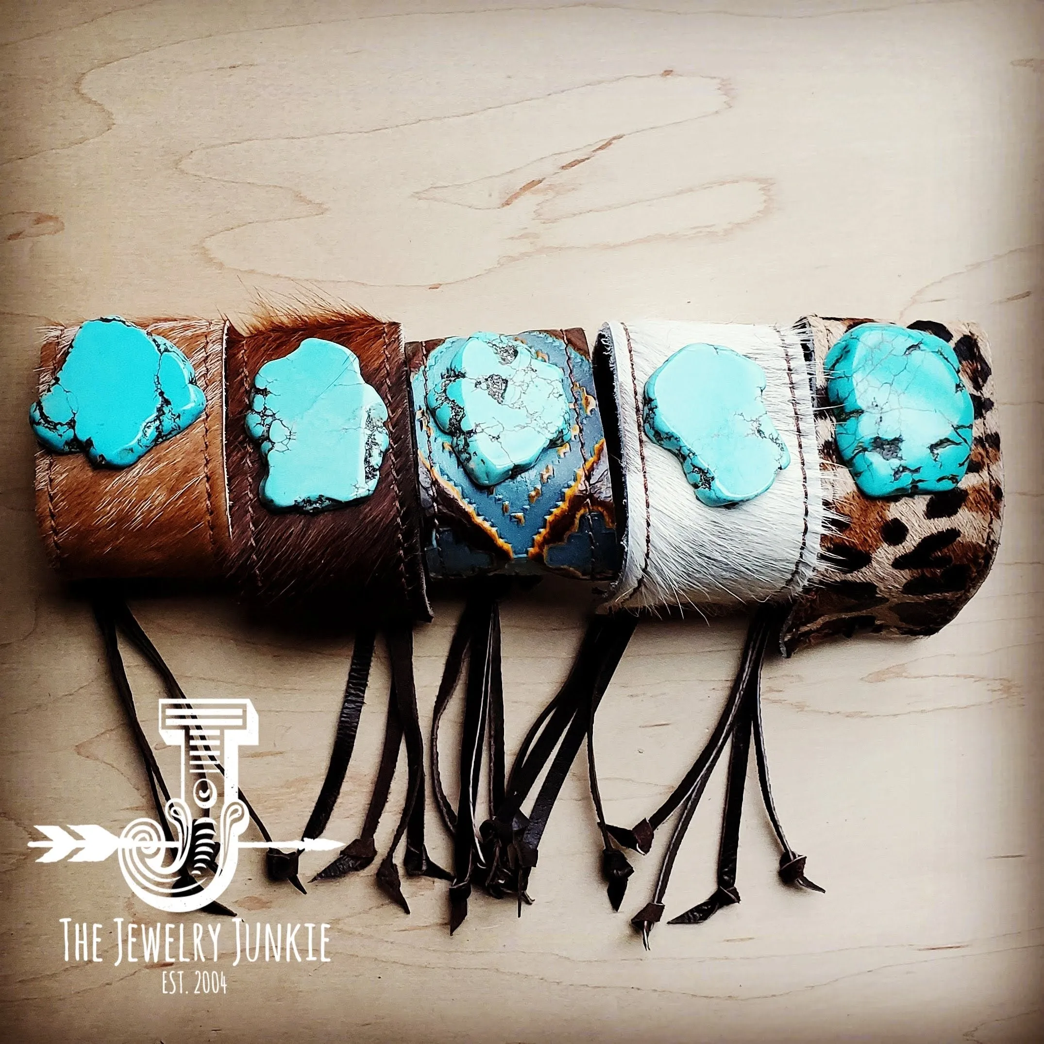 **Leather Cuff w/ Leather Tie-Turquoise Navajo and Turquoise Slab (011u)