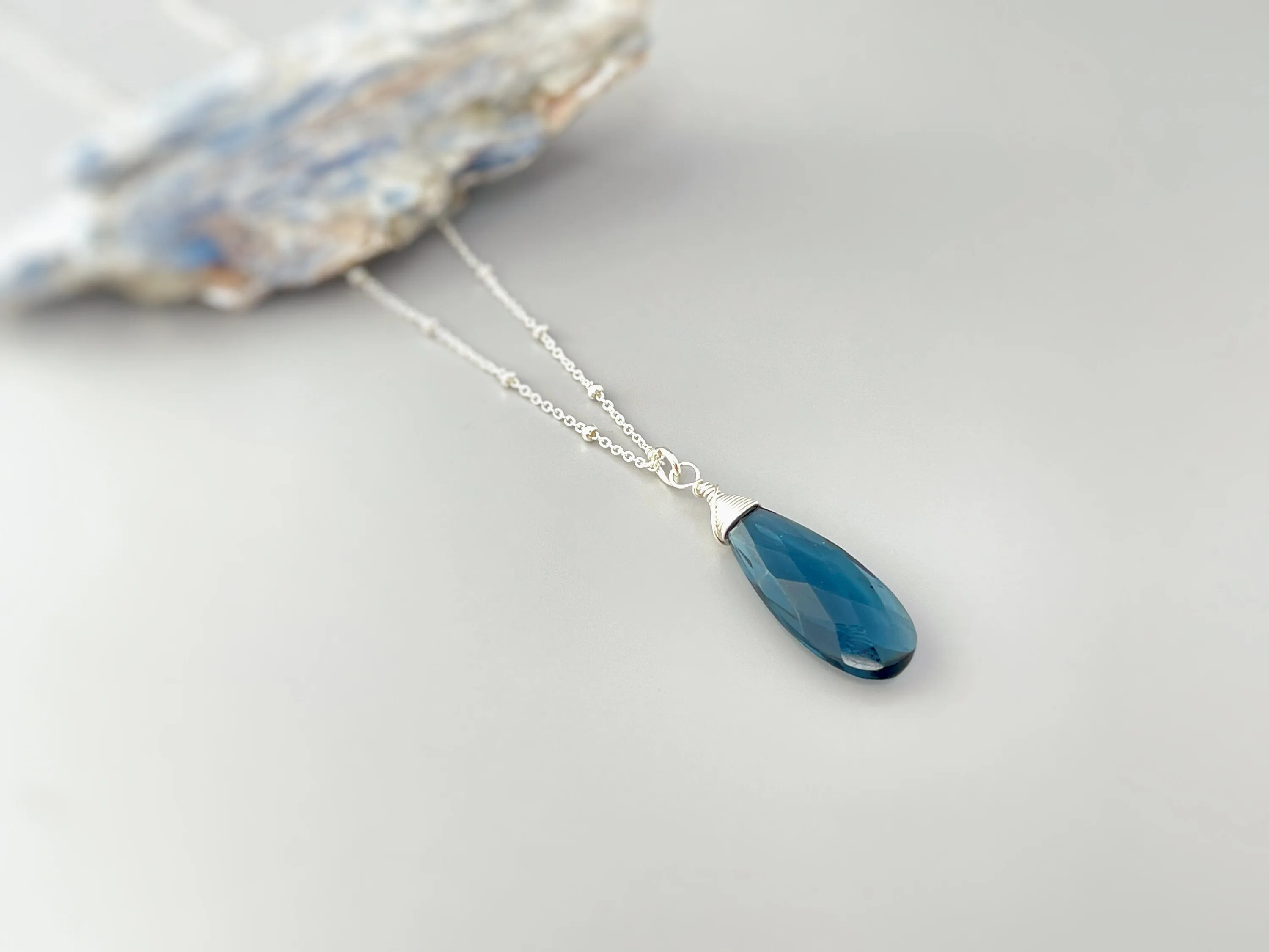 London Blue Necklace Handmade Topaz Quartz pendant Silver,  gold, Rose Gold