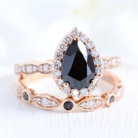 Luna Halo Black Diamond Pear Ring Set w/ Black and White Diamond Wedding Band