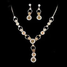 LUX Topaz Swarovski Rhinestone Circle Floral Necklace Earrings Set