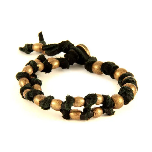 Mens Dual Color Multi Faceted Bead Strand Intertwined Deerskin Leather Bracelet