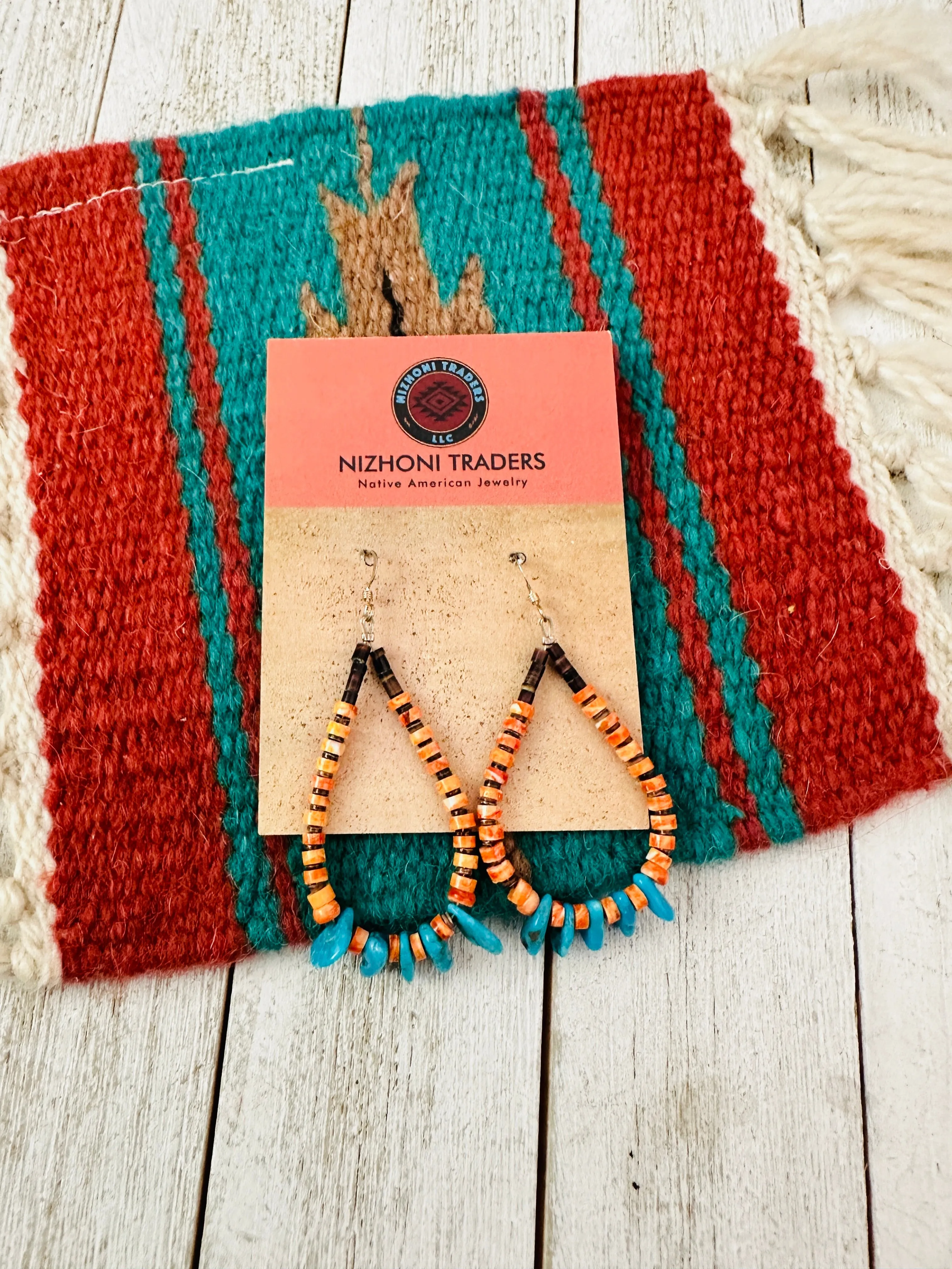 Navajo Turquoise, Spiny & Heishi Beaded Hoop Earrings