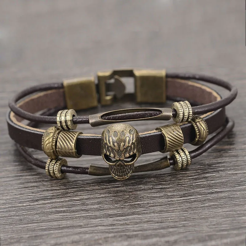 New Men 's Charm Bracelet Fashion Punk Style Black Leather Vintage Skull Bracelet Multilayer Wrap Wristband Jewelry