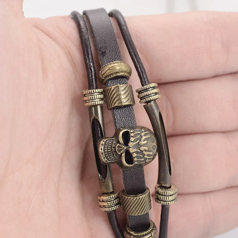 New Men 's Charm Bracelet Fashion Punk Style Black Leather Vintage Skull Bracelet Multilayer Wrap Wristband Jewelry