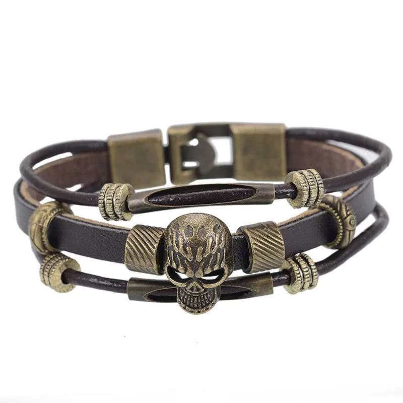 New Men 's Charm Bracelet Fashion Punk Style Black Leather Vintage Skull Bracelet Multilayer Wrap Wristband Jewelry