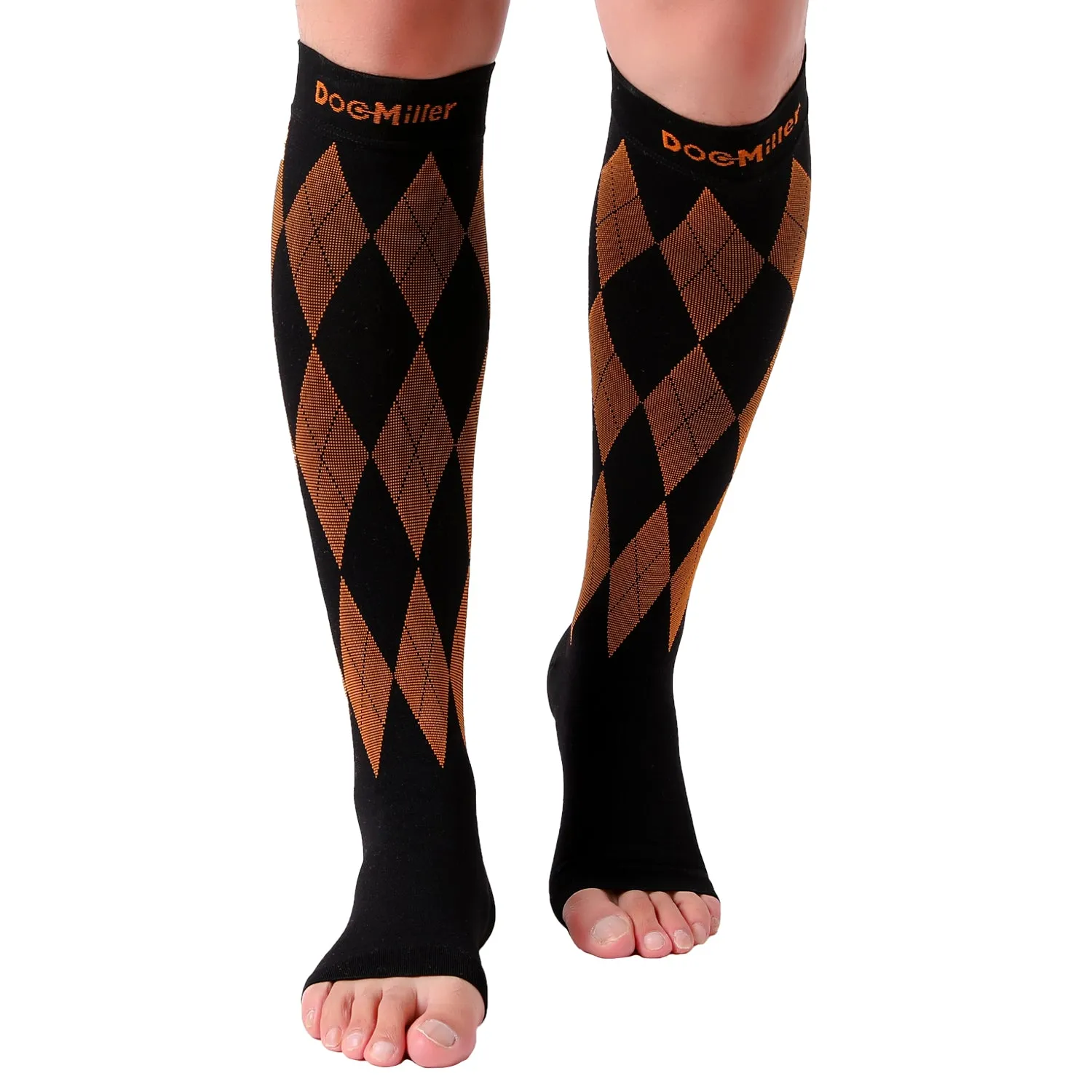 Open Toe Compression Socks 20-30 mmHg Argyle BLACK/ORANGE by Doc Miller